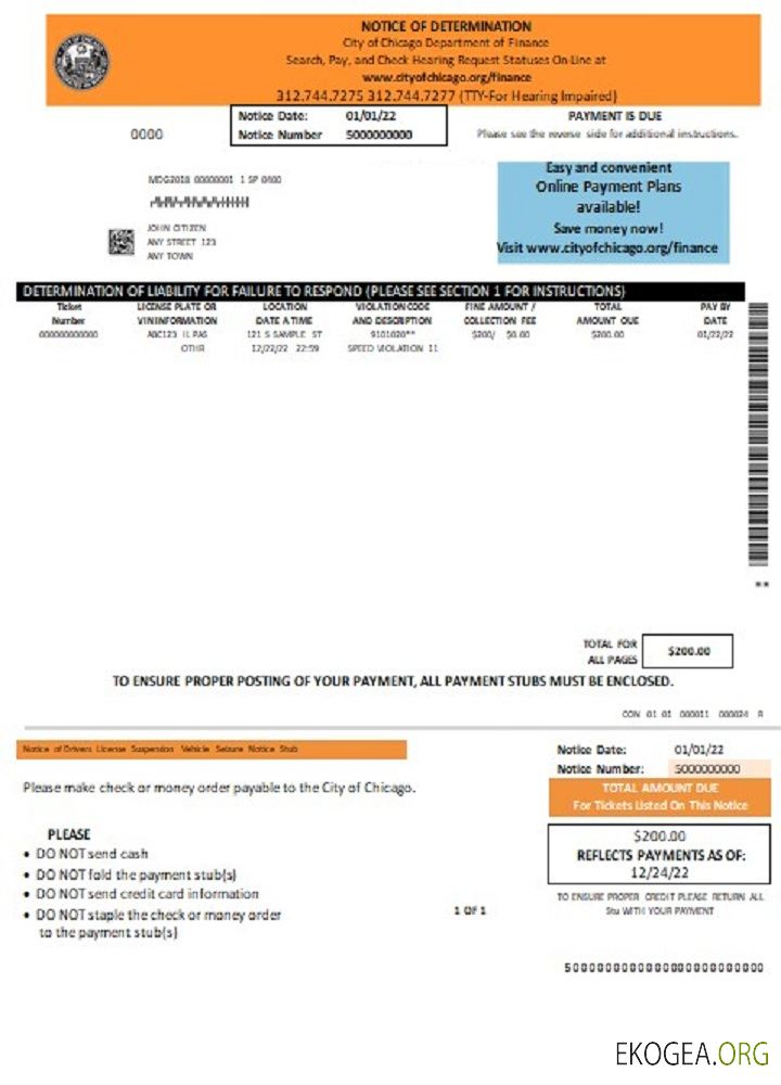 États Unis Chicago Avis de détermination